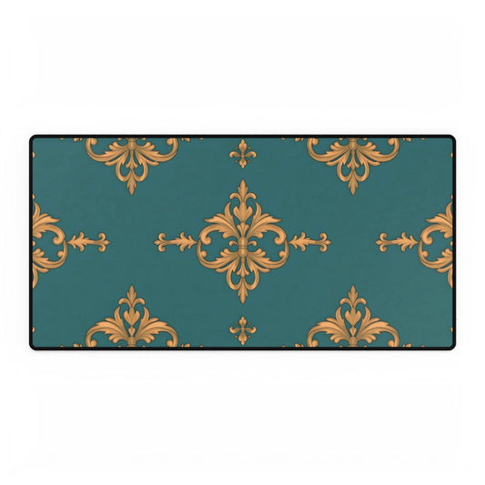 Elegant Floral Desk Mat for Home Office Decor - Teal & Gold Damask