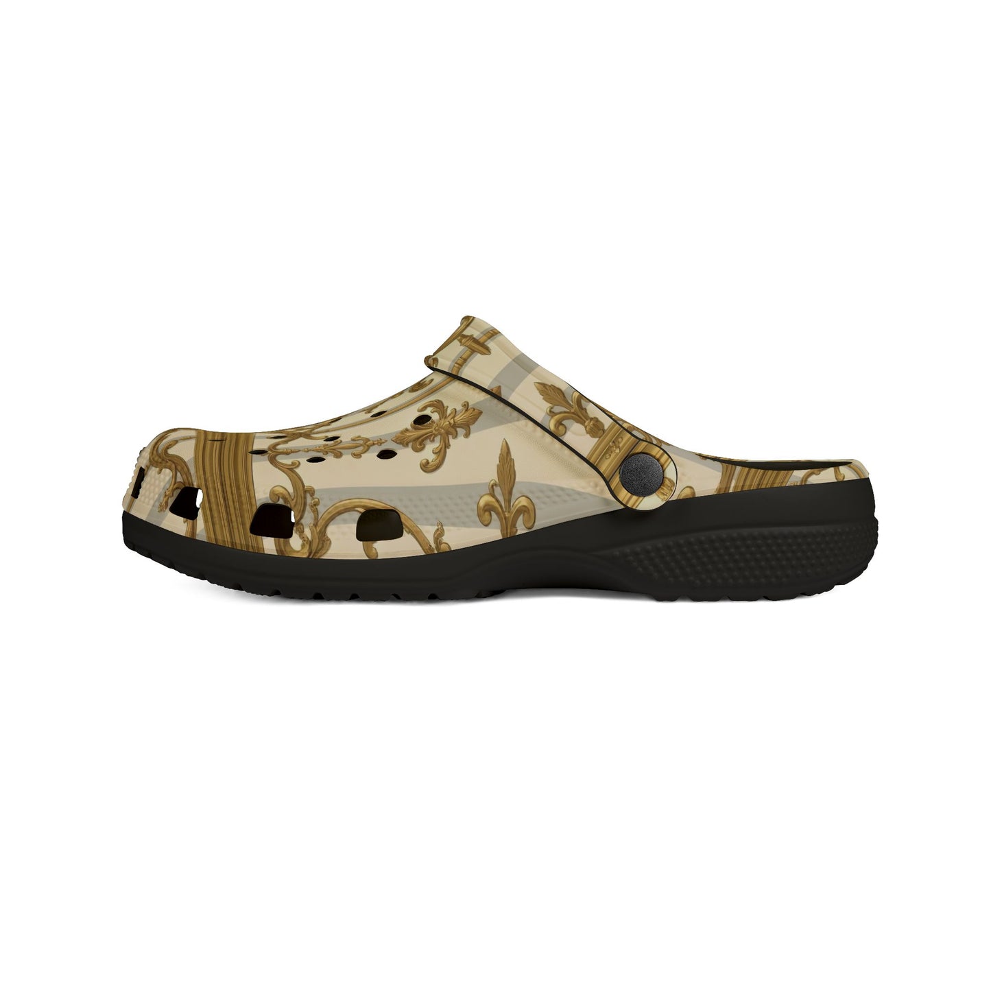 Elegant AOP EVA Foam Rubber Shoes for Home, Indoor Use, Garden, Stylish Comfort Footwear - Matte Gray & Cream Striped Gold Baroque