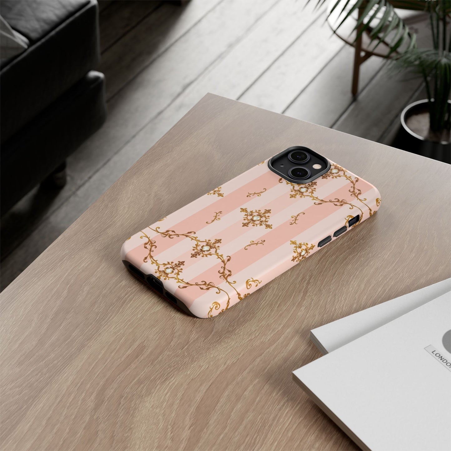 Elegant Floral Phone Case, Tough Cases for Women, Trendy Phone Cover, Chic Gift - Pink Jeweled Striped Gold Baroque