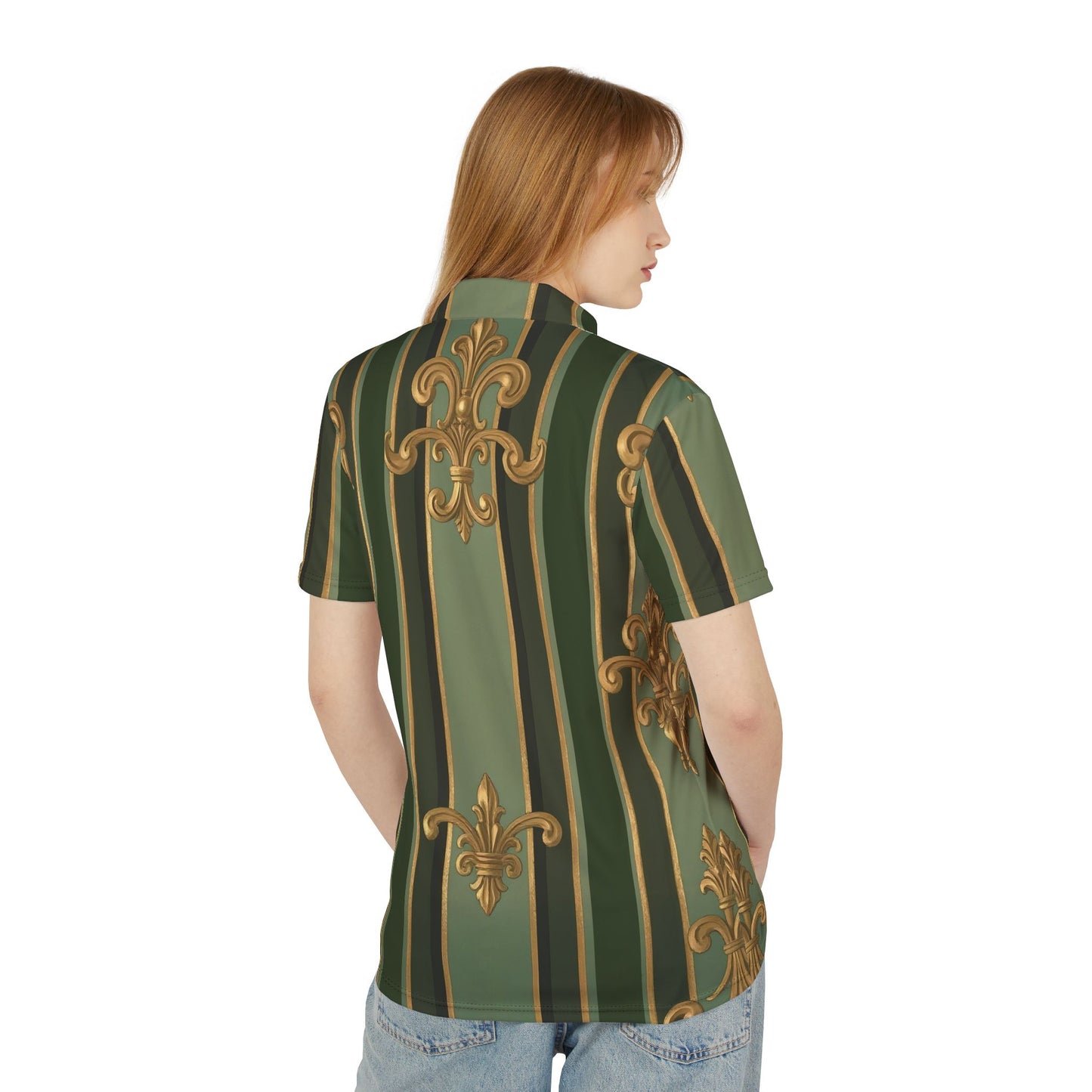 Elegant Green Striped Unisex Polo Shirt, Casual Wear, Summer Fashion, Gift for Him or Her, Party Attire - Green Striped Gold Baroque