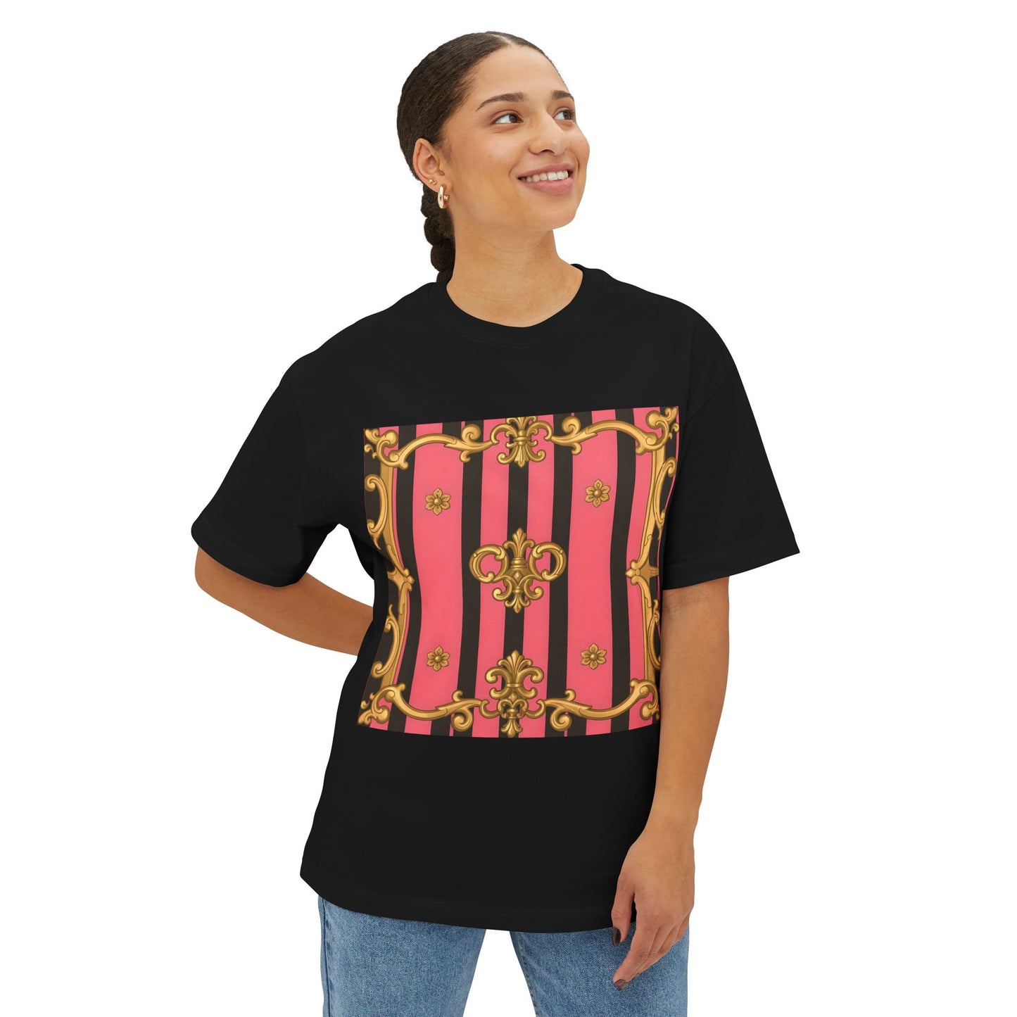 Chic Vintage-Inspired Oversized Tee, Stylish Graphic T-Shirt, Baroque Tee, Casual Summer Shirt - Pink & Black Striped Gold Baroque