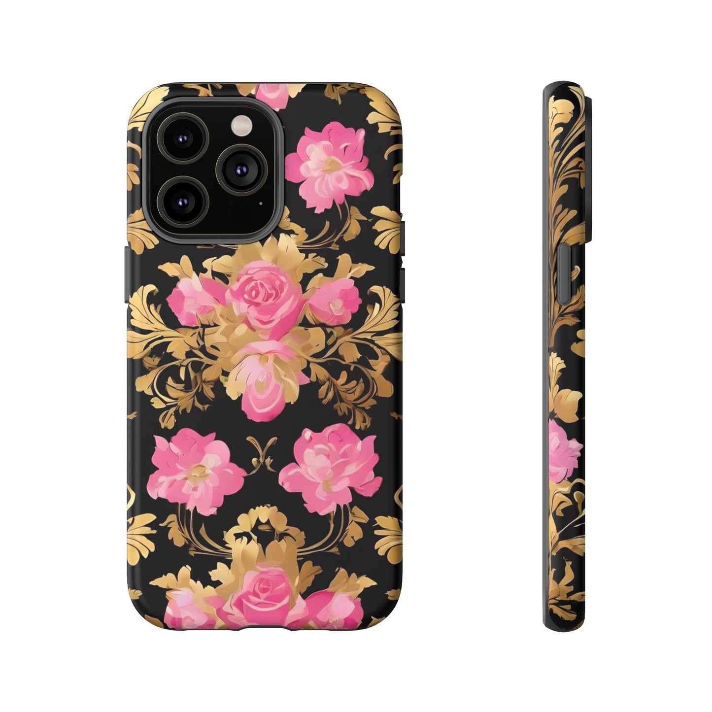Elegant Floral Motif Phone Case - Tough Cases with Vintage Design - Pink & Gold Roses