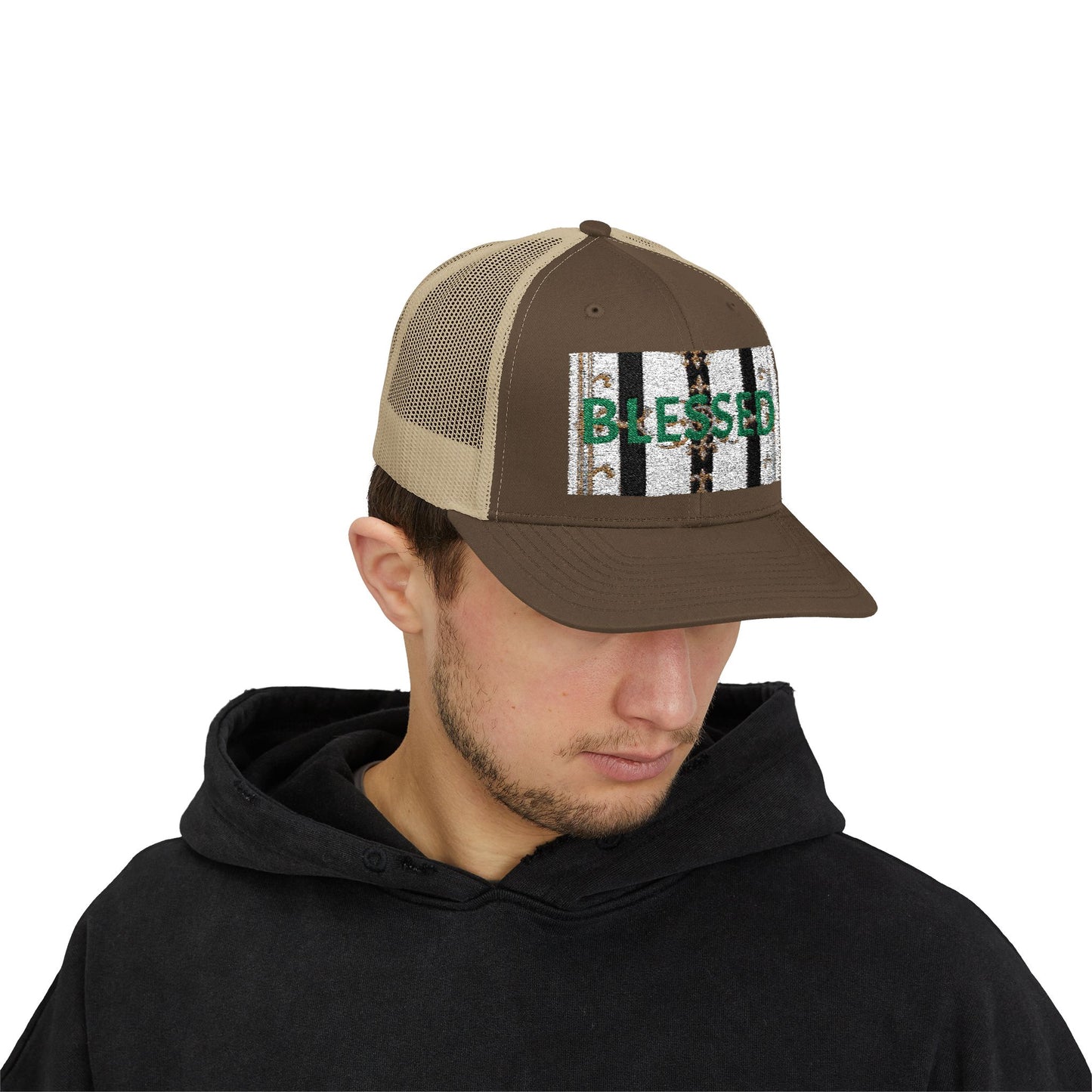 Blessed Snapback Trucker Cap | Casual Style, Outdoor Gear, Faith-Based Gift, Adjustable Hat, Everyday Fashion - Black & White Striped Gold Baroque