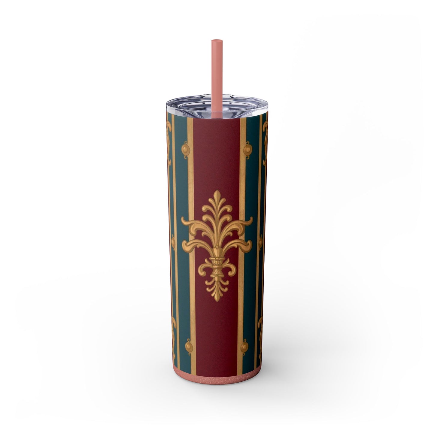 Elegant Vintage Skinny Tumbler with Straw, 20oz | Gold & Burgundy Design | Travel Mug, Gift for Her - Burgundy Striped Gold Baroque