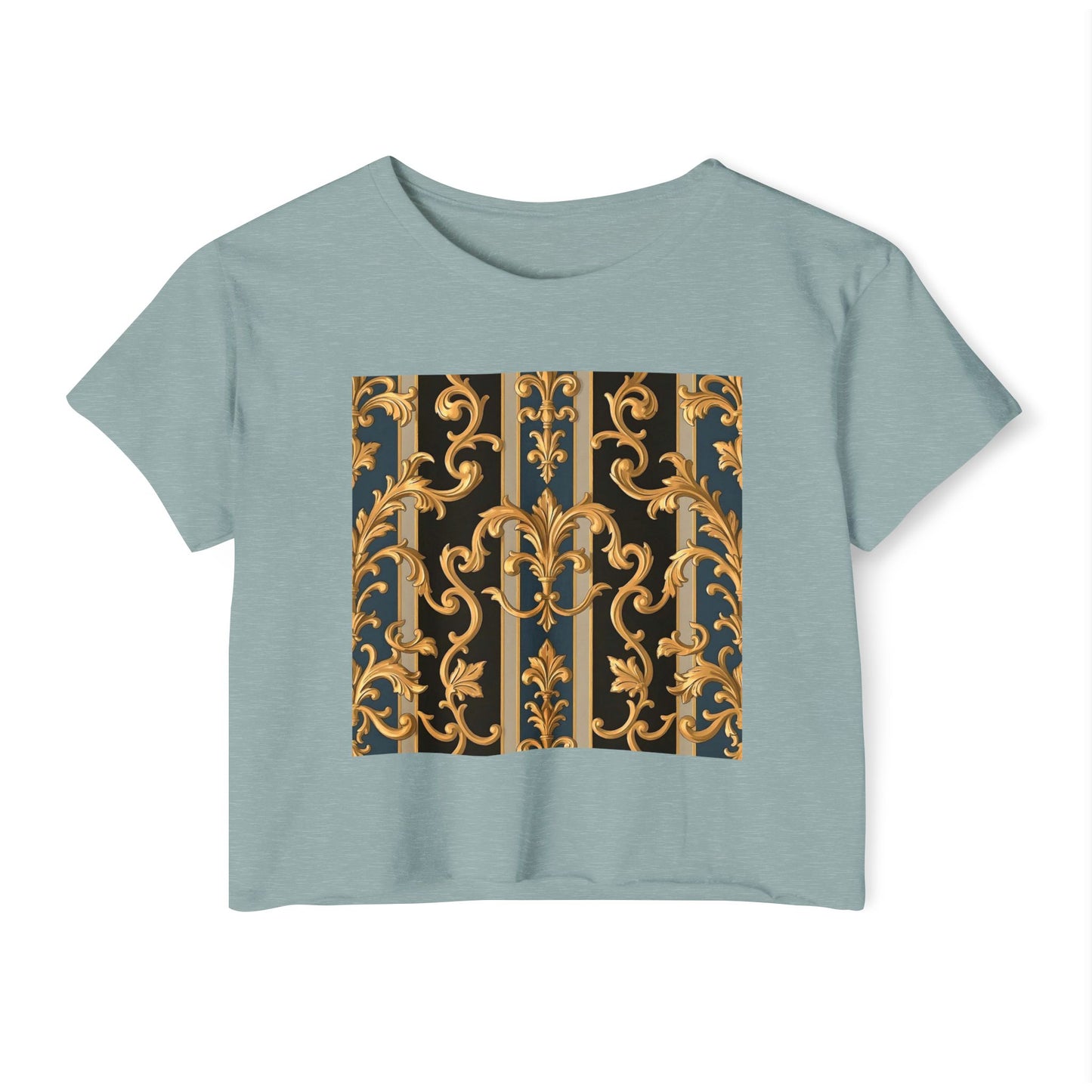 Women’s Festival Crop Top with Stylish Floral Pattern - Summer Outfit, Boho Chic, Concert Wear - Blue & Black Striped Rococo