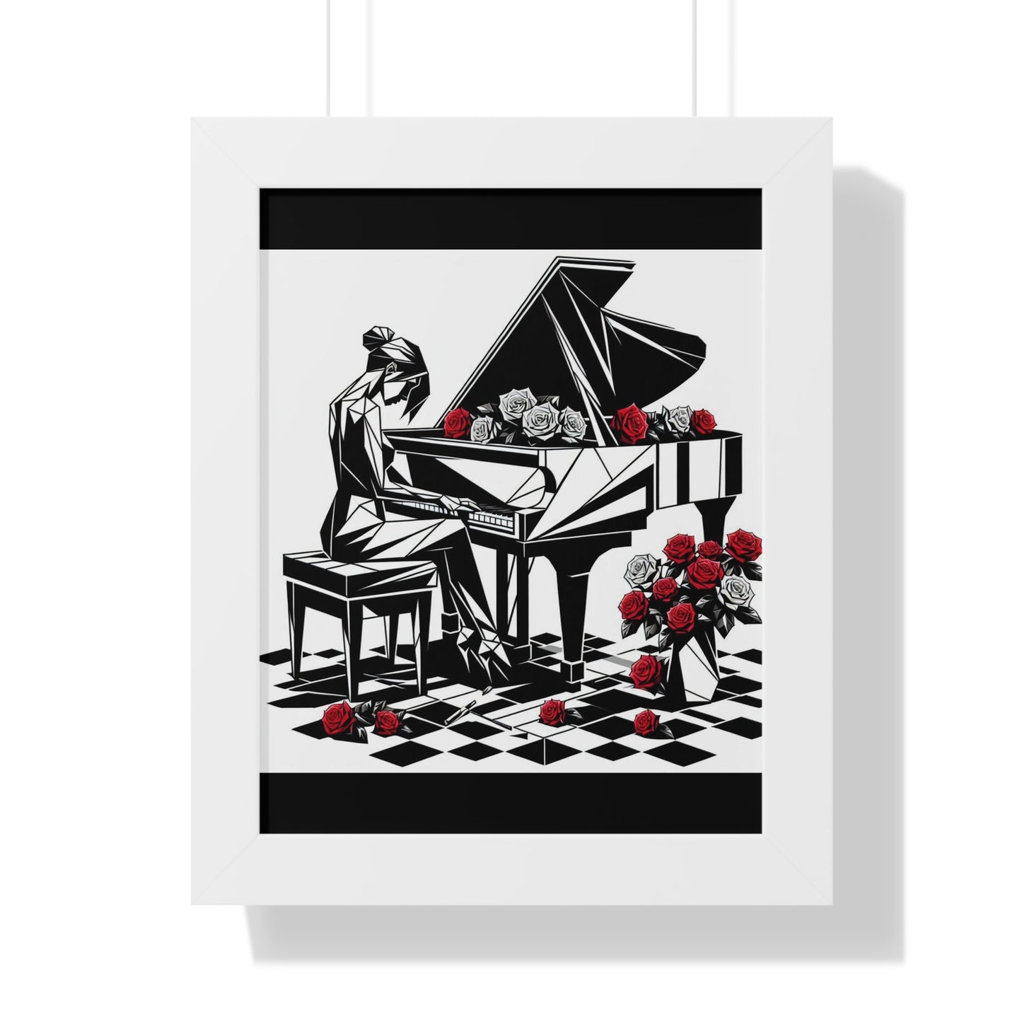 Vertical Poster - Black & White Grand Piano & Red Roses Wall Art