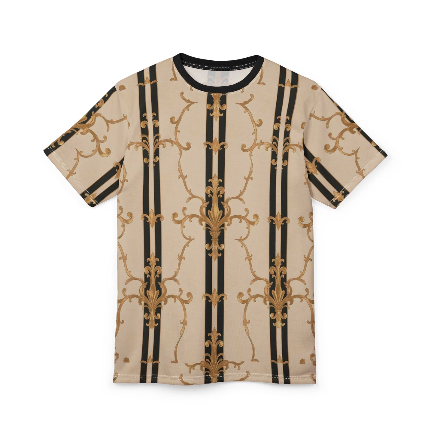 Elegant Vintage Pattern Unisex Tee, Stylish Graphic T-Shirt, Gift for Fashion Lovers, Casual Wear - Black & Beige Striped Damask