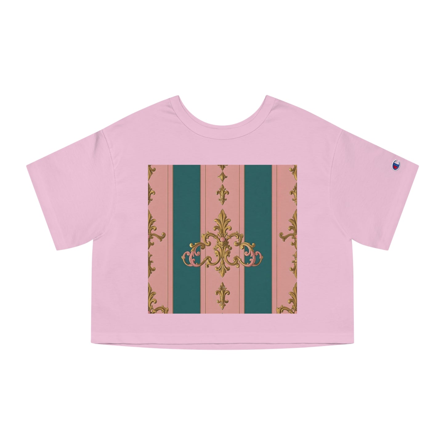 Heritage Cropped T-Shirt with Elegant Floral Design, Casual Wear, Summer Fashion, Vintage Style, Gift for Her - Pink & Teal Striped Gold Baroque