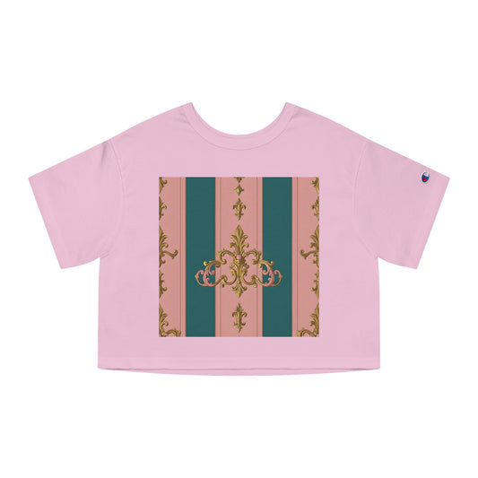 Heritage Cropped T-Shirt with Elegant Floral Design, Casual Wear, Summer Fashion, Vintage Style, Gift for Her - Pink & Teal Striped Gold Baroque