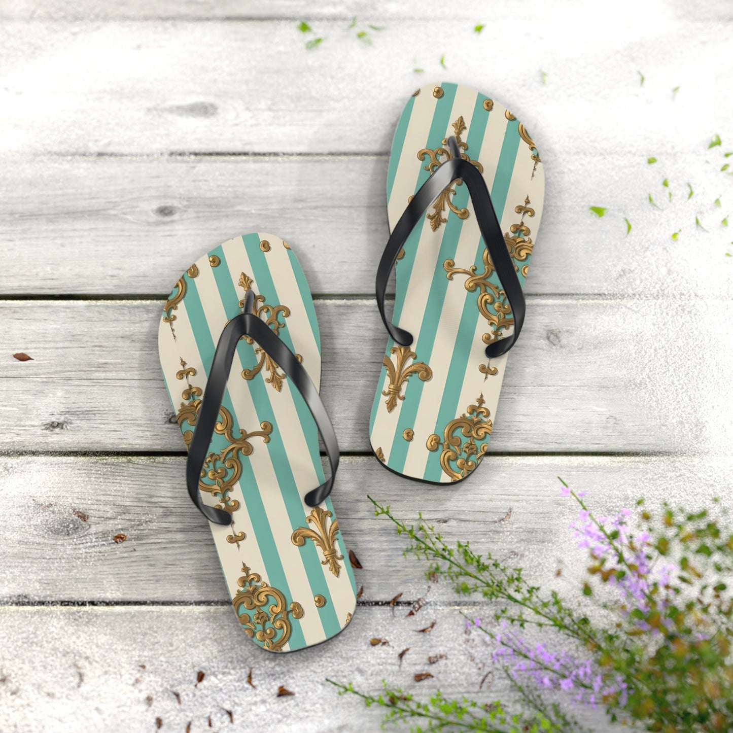 Chic Floral Flip Flops - Summer Sandals, Beach Footwear, Vacation Ready, Boho Style, Gift for Her - Matte Green Striped Rococo