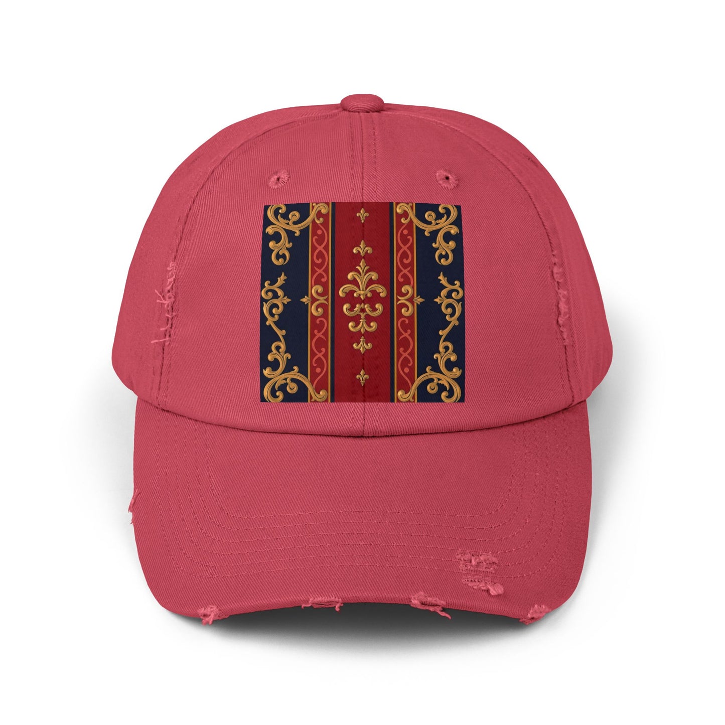 Vintage-Inspired Distressed Cap, Stylish Hat, Perfect Gift for Friends, Fashion Accessory, Unisex Headwear - Midnight Blue & Dusk Red Gold Baroque