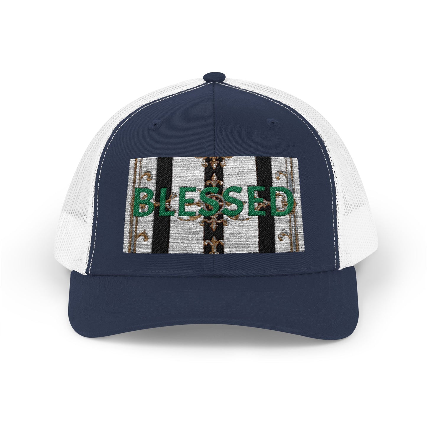 Blessed Snapback Trucker Cap | Casual Style, Outdoor Gear, Faith-Based Gift, Adjustable Hat, Everyday Fashion - Black & White Striped Gold Baroque