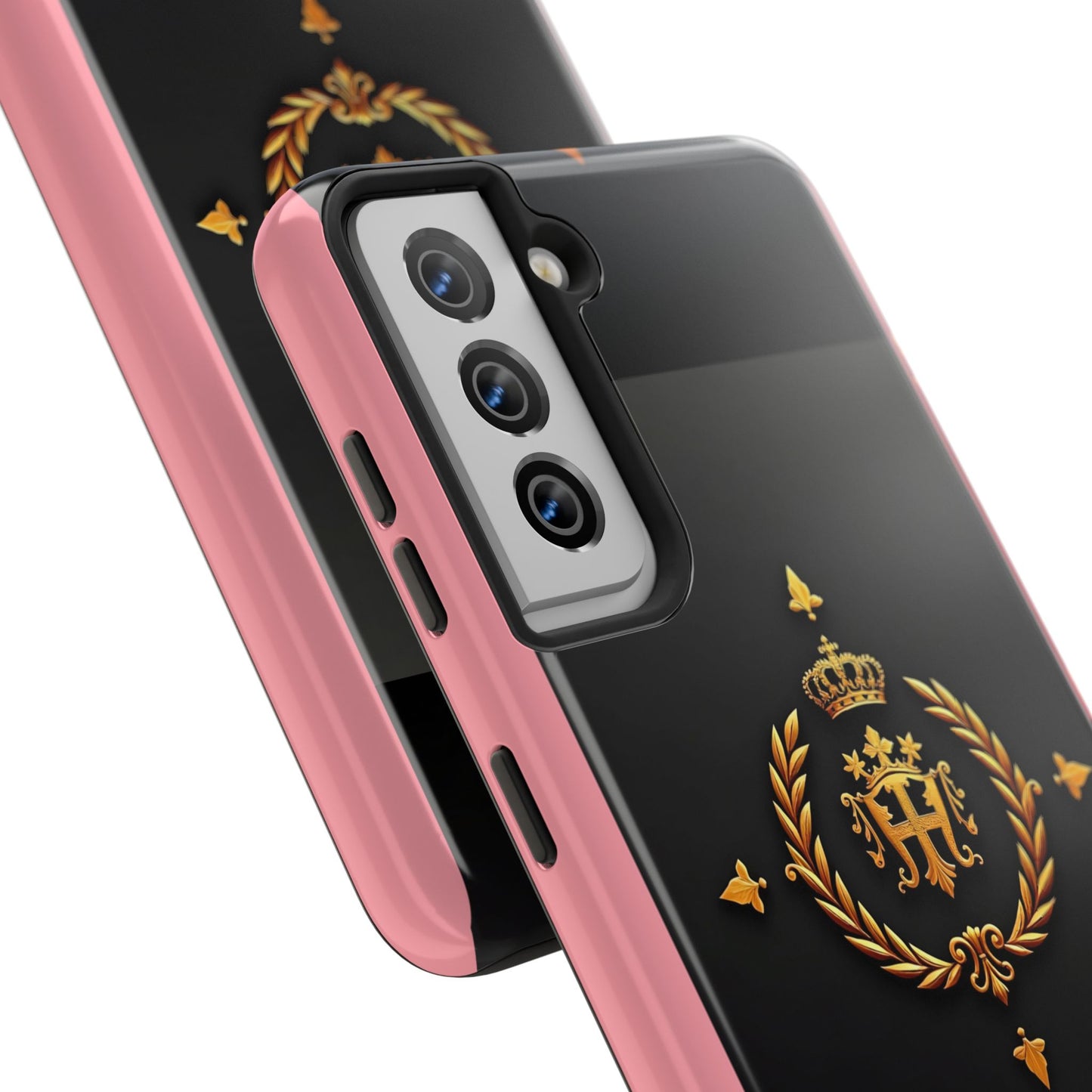 Tough Phone Case with Regal Design - Elegant Phone Protection, Gift for Him/Her, Royalty Inspired - Pink Striped Gold Crest