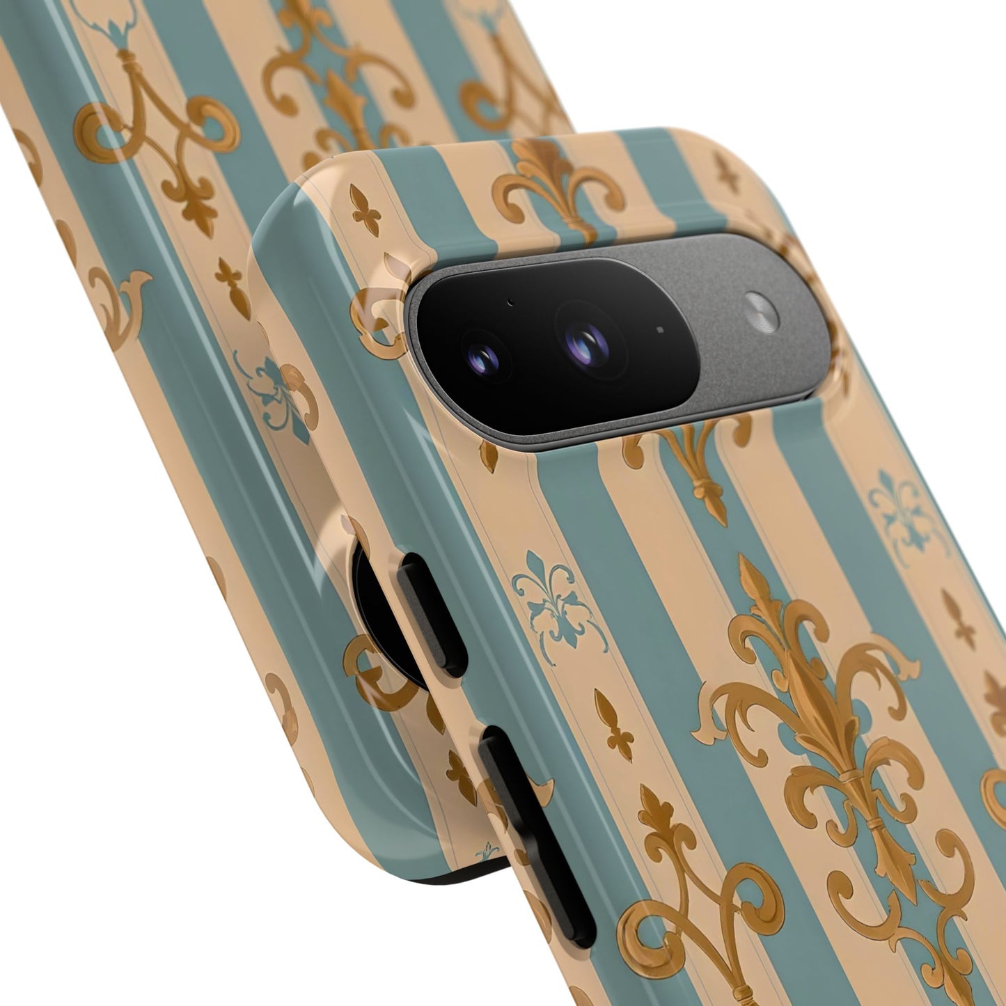 Elegant Floral Motif Phone Case - Tough Cases with Vintage Design -  Beige & Sky Blue Striped Gold Damask