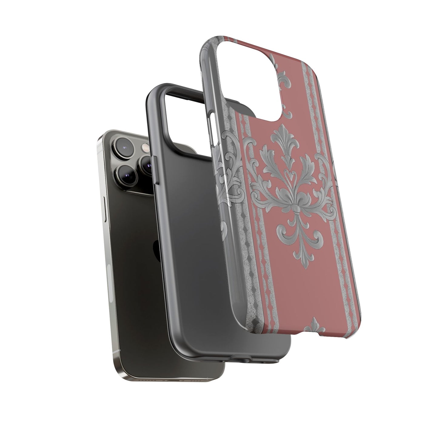 Elegant Floral Phone Case - Tough Cases for Stylish Protection - Gray & Mauve Striped Baroque