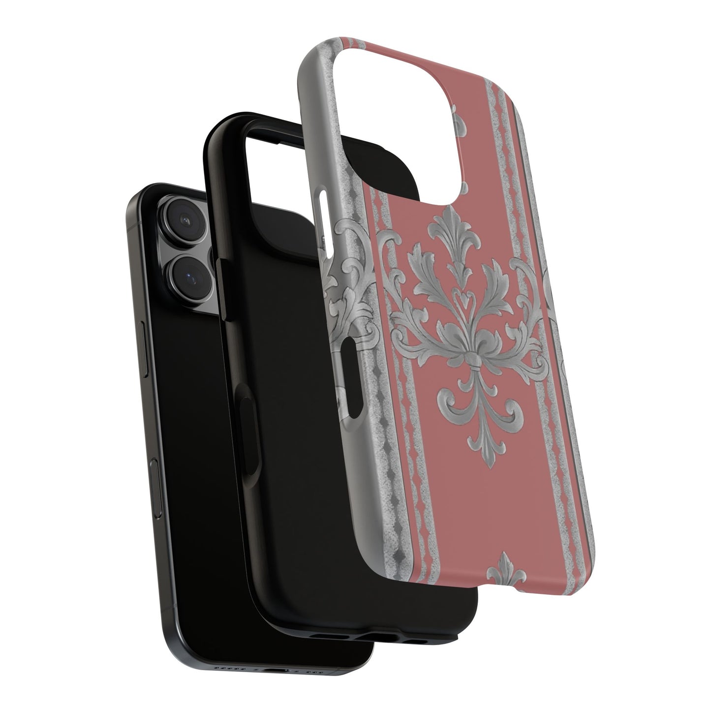 Elegant Floral Phone Case - Tough Cases for Stylish Protection - Gray & Mauve Striped Baroque