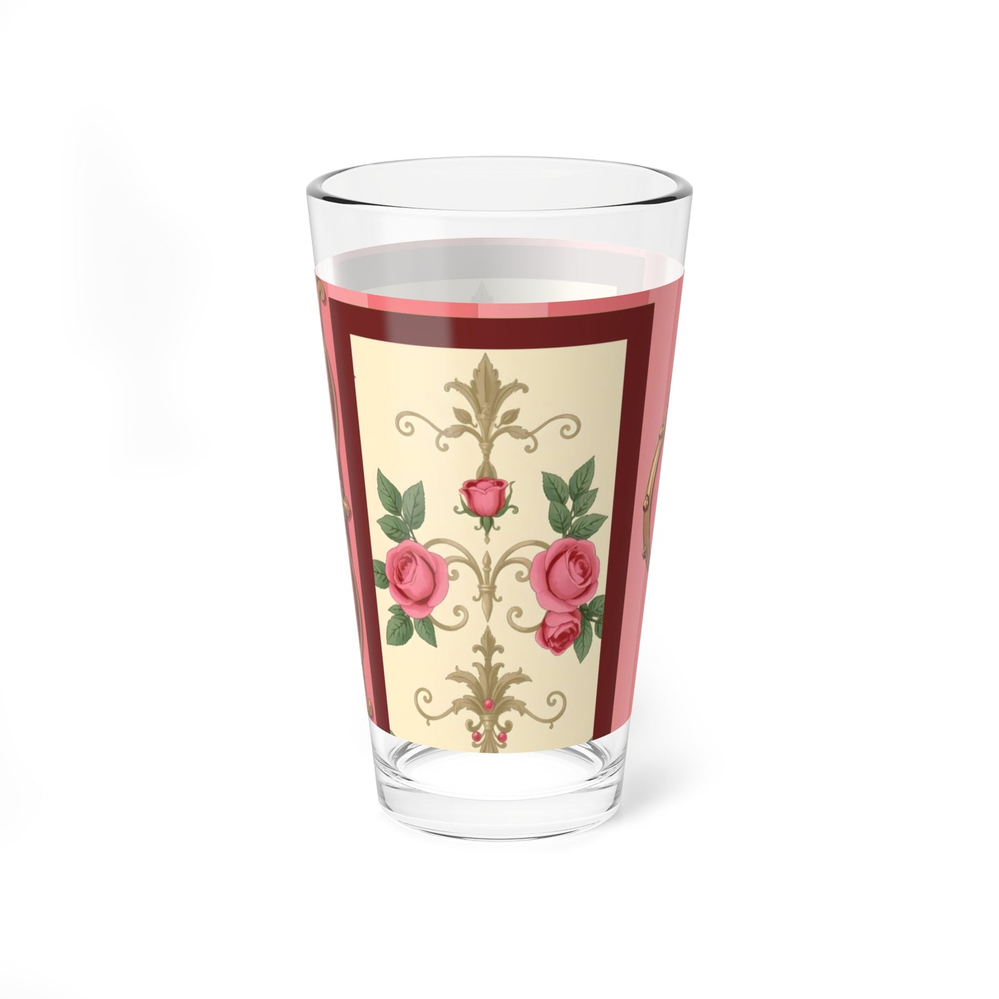 Elegant Floral Mixing Glass - 16oz Cocktail Cup for Home Bar - Pink Striped Baroque & Roses
