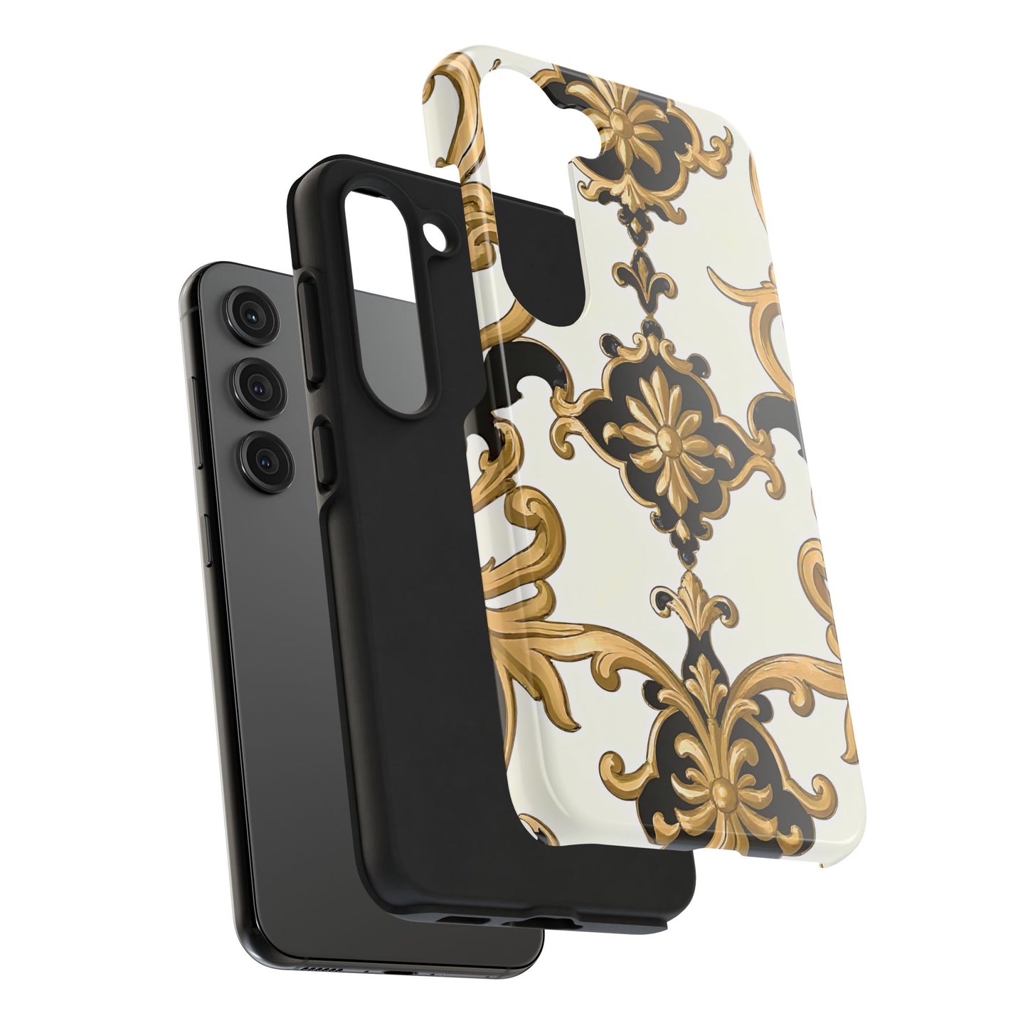 Elegant Floral Tough Phone Cases, Durable Phone Cover, Stylish Phone Accessories, Gift for Her, Chic Phone Cases - Black & Gold Rococo