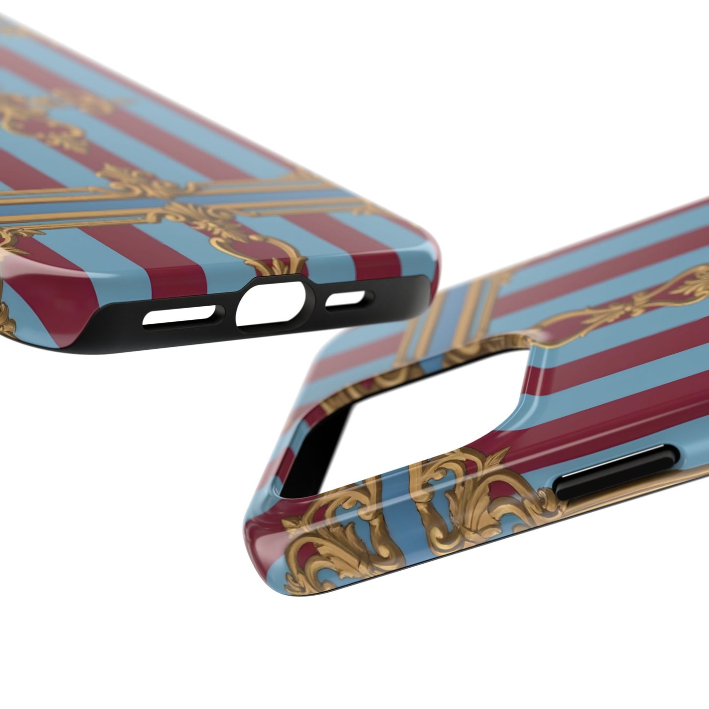 Elegant Patterned Tough Phone Cases, Stylish Phone Cover, Durable Phone Protection, Unique Gift Idea - Sky Blue & Maroon Striped Baroque