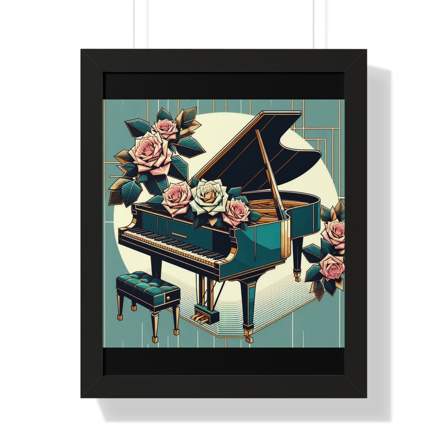 Vertical Poster - Teal Grand Piano & Roses Wall Art