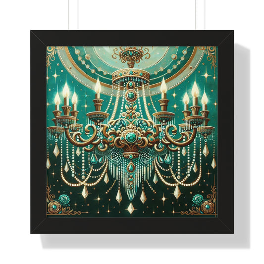 Art Deco Chandelier Framed Poster, Elegant Wall Art, Vintage Home Decor, Glam Living Room Decor - Green & Gold Jeweled Chandelier