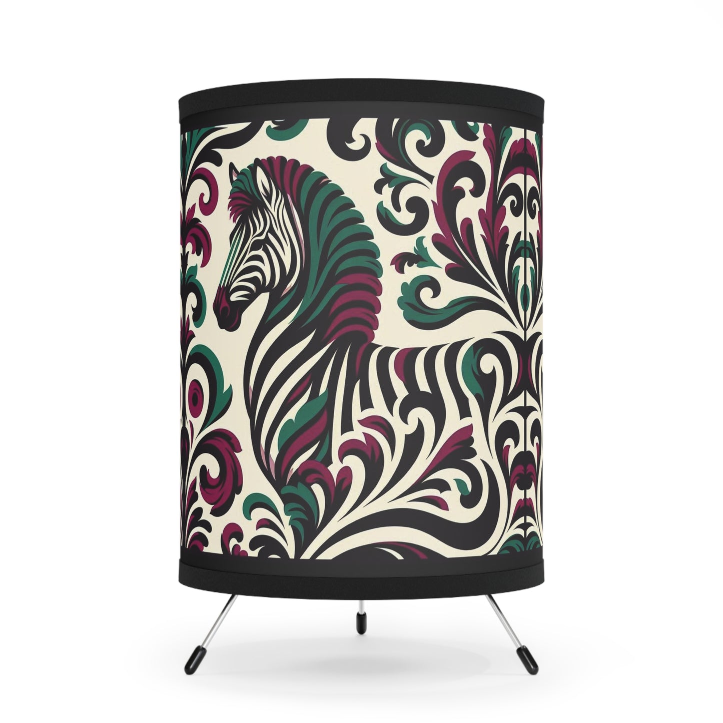 Tripod Lamp - Elegant Vintage Floral Print Home Accent - Burgundy & Green Zebra Damask Design
