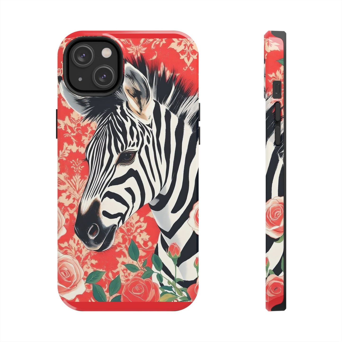 Zebra Tough Phone Case - Trendy Floral Design for Animal Lovers - Zebra With Coral Roses & Damask