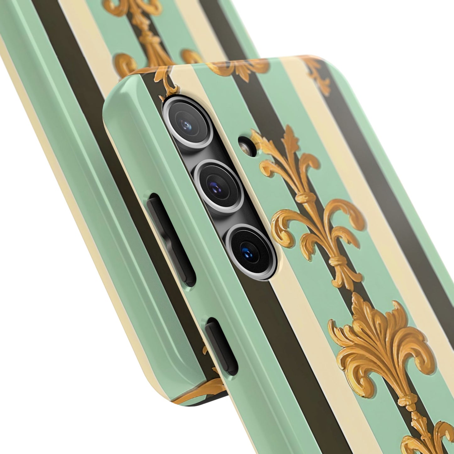 Elegant Floral Tough Phone Cases - Stylish Protection for All Occasions, Gifts for Her, Phone Covers - Black & Matte Mint Striped Rococo