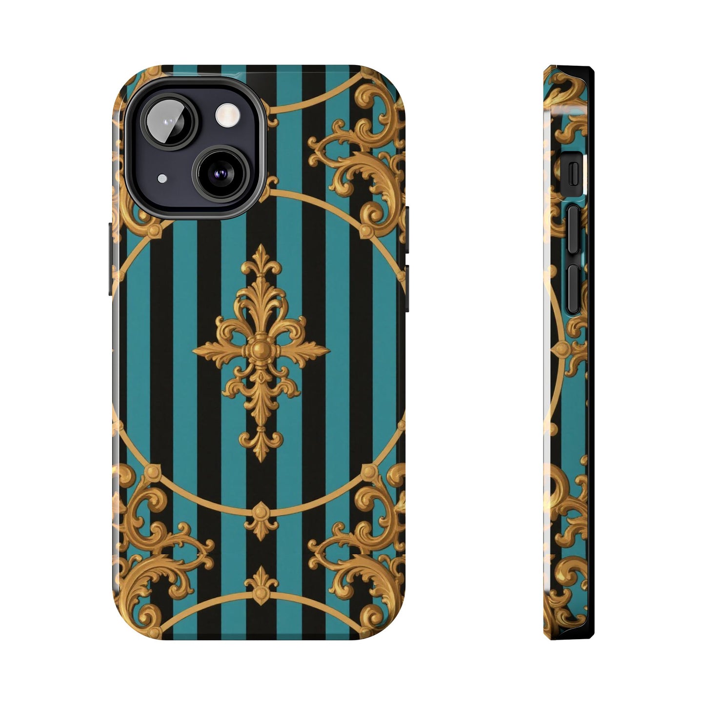 Elegant Turquoise & Black Striped Gold Baroque Phone Case, Tough Phone Cases for Fashion Lovers, Gift for Her, Luxury Accessories