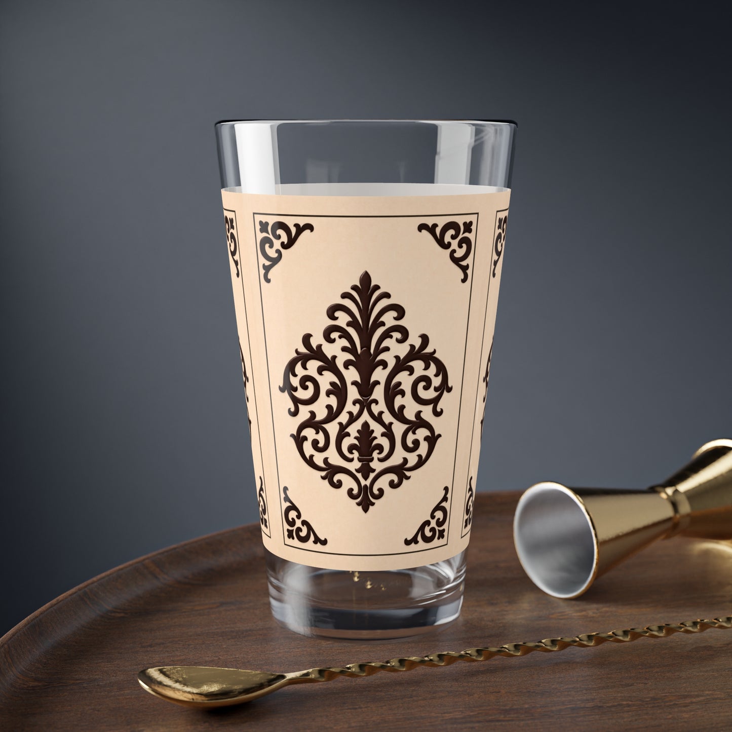 Almond-Beige & Brown Baroque Mixing Glass — Vintage Baroque 16oz Cocktail Mixing Glass