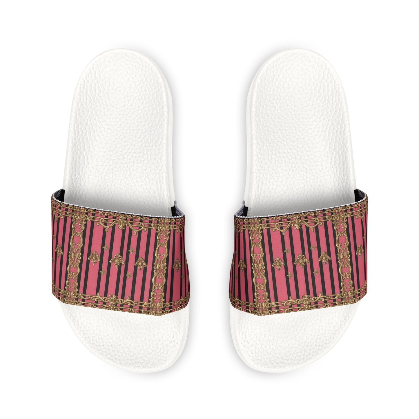 Chic Women's Removable-Strap Sandals - Stylish Summer Footwear, Casual Pool Slides, Vacation Ready - Pink Striped Gold Rococo