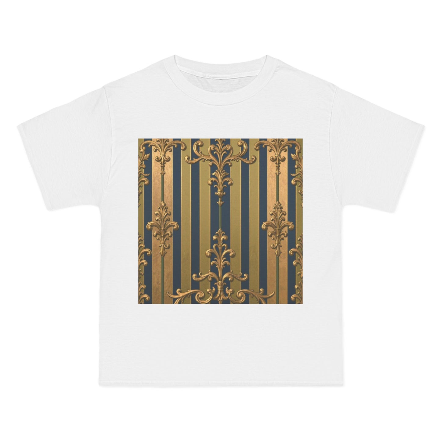 Elegant Midnight Blue & Olive Striped Gold Baroque Short-Sleeve Unisex T-Shirt, Vintage Fashion Tee, Casual Summer Top