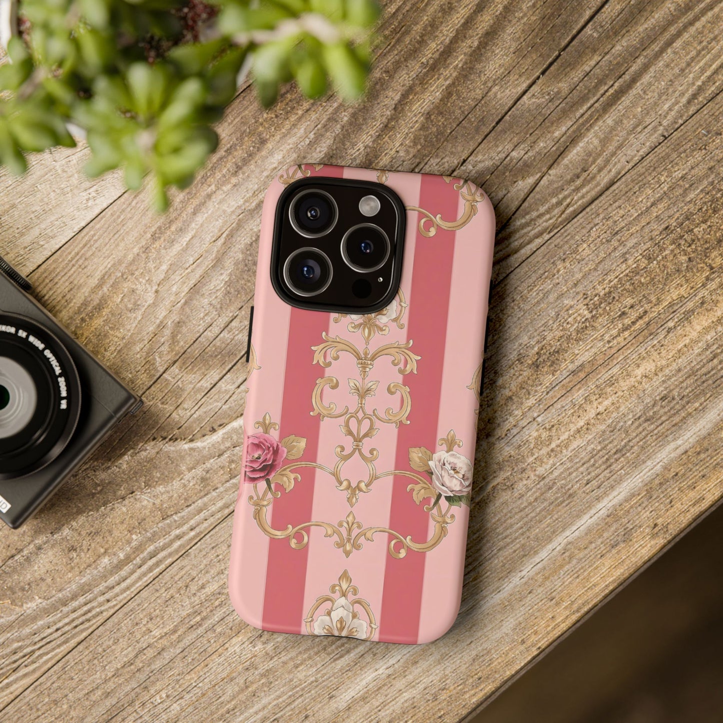 Elegant Floral Motif Phone Case - Tough Cases with Vintage Design - Pink Striped Roses & Damask