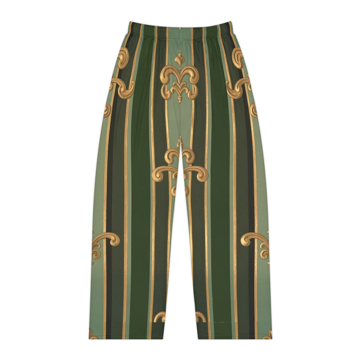 Elegant Women's Pajama Pants, Polyester Loungewear, Comfy Sleepwear, Holiday Gift for Her, Cozy Homewear - Green Striped Gold Baroque