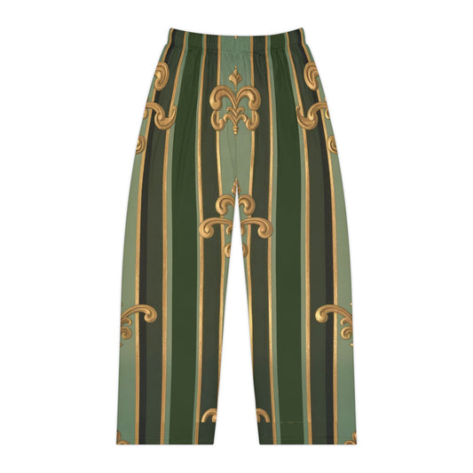 Elegant Women's Pajama Pants, Polyester Loungewear, Comfy Sleepwear, Holiday Gift for Her, Cozy Homewear - Green Striped Gold Baroque