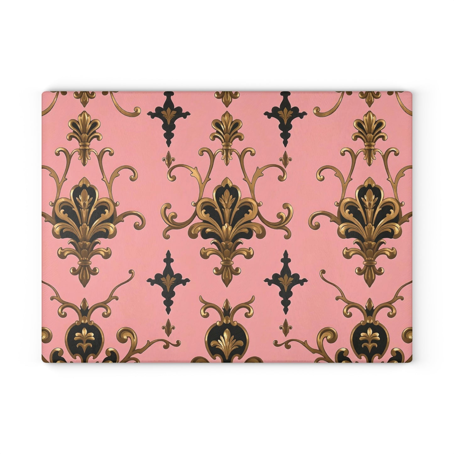 Elegant Pink Floral Glass Cutting Board with Gold Accents, Kitchen Decor, Gift for Home Cooking, Wedding Gift - Pink, Black & Gold Rococo