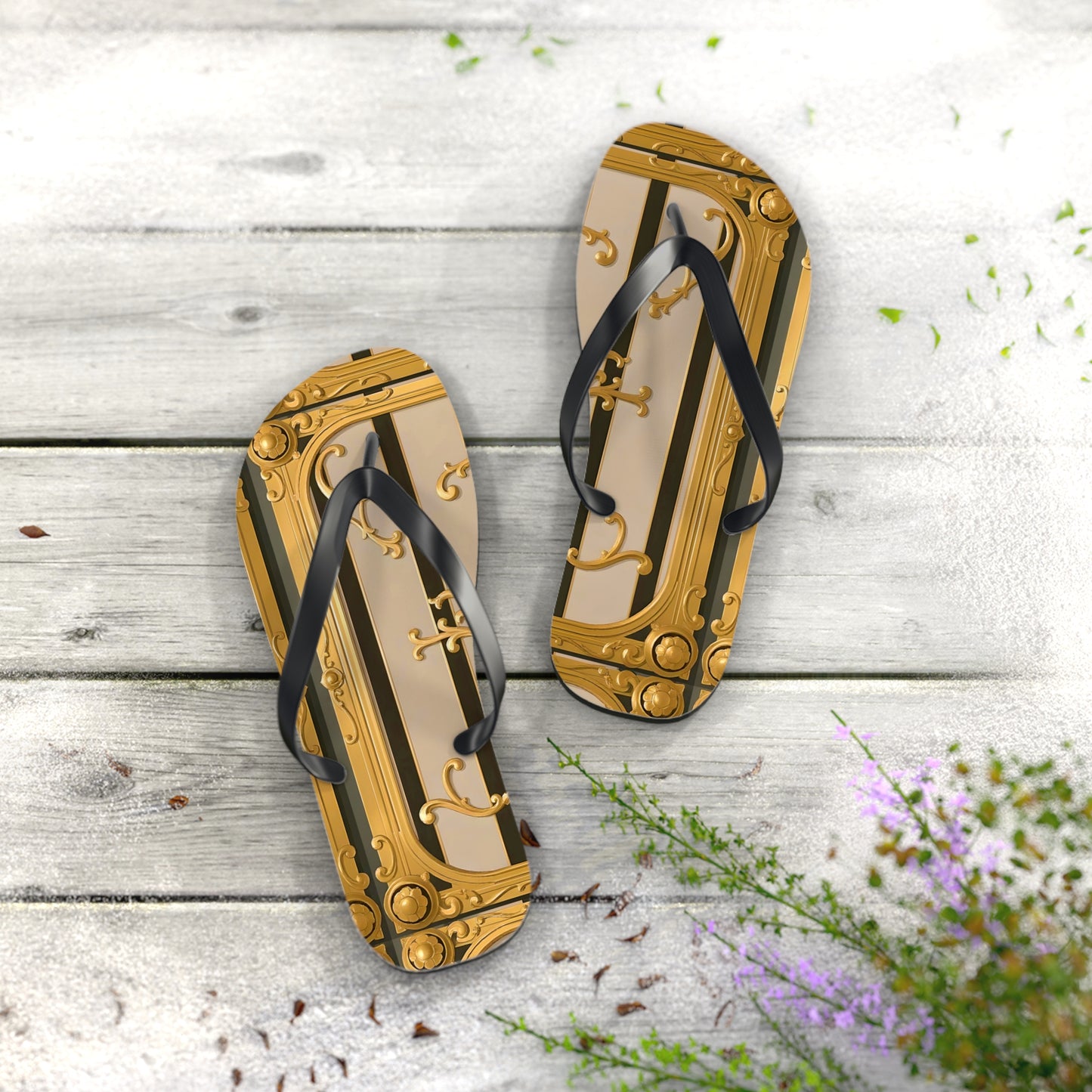 Elegant Golden Flip Flops, Summer Footwear, Beach Sandals, Vacation Essentials, Gift for Her - Beige Striped Gold Rococo