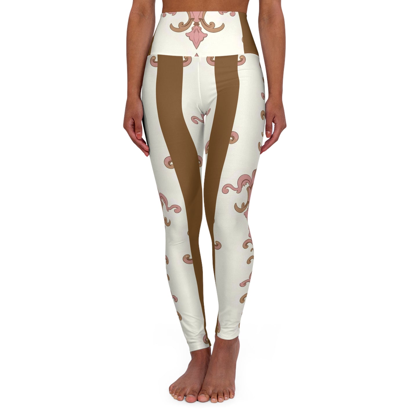 Chic High Waisted Yoga Leggings - Comfortable, Stylish Activewear for Fitness, Loungewear, Yoga - Brown Striped Pink Arabesque