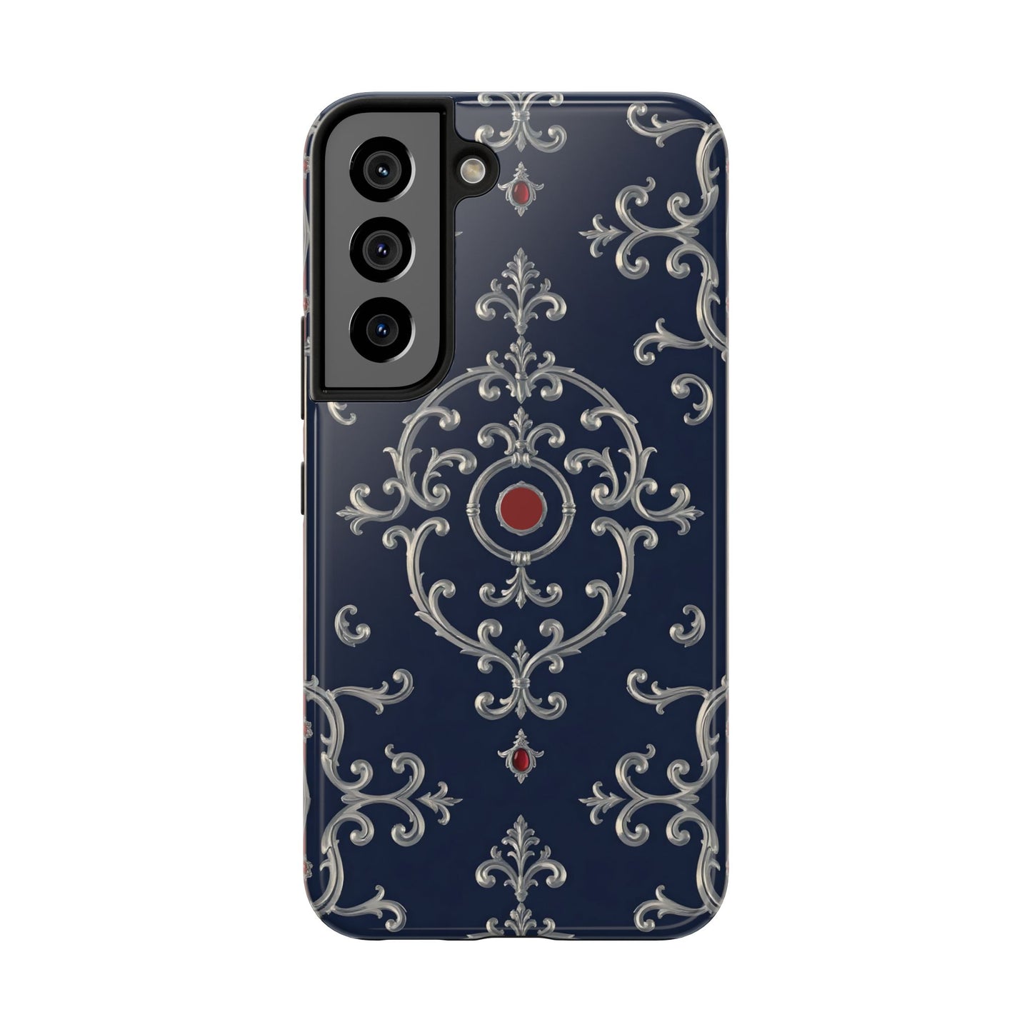 Elegant Patterned Tough Phone Cases for Stylish Protection, Gift for Her, Unique Accessories - Blue & Red Striped Silver Baroque