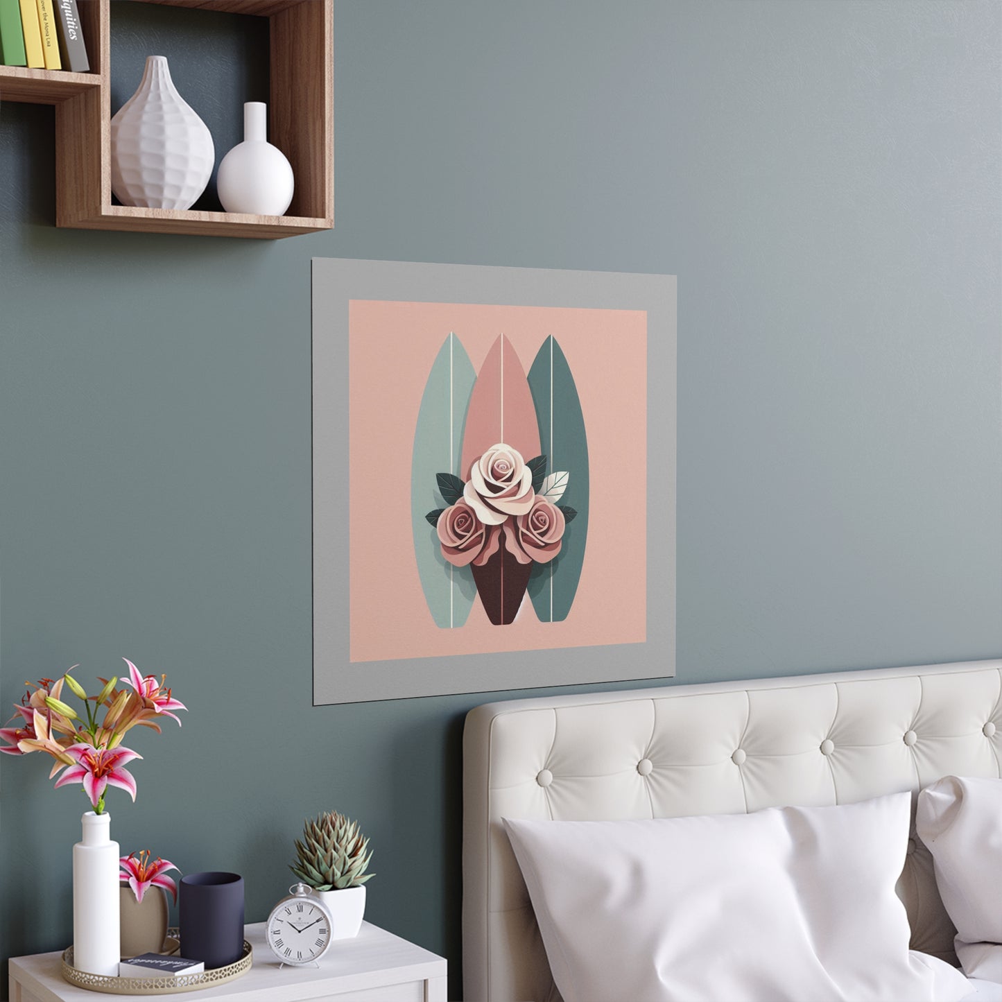 Elegant Floral Silk Poster - Indoor/Outdoor Wall Art for Home Decor - Burgundy, Matte Mauve & Teal Surfboard & Roses