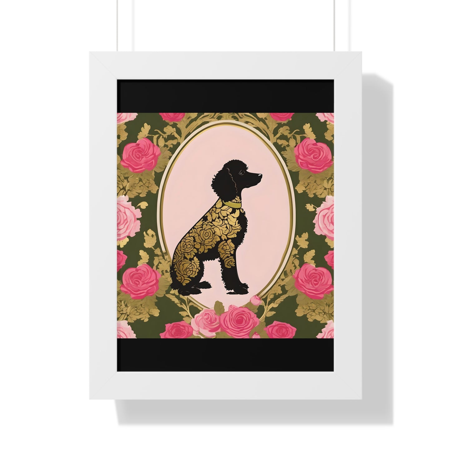 Vertical Poster - Stylish Framed - Art for Home Decor - Damask Black & Gold Poodle in Olive & Pink Roses