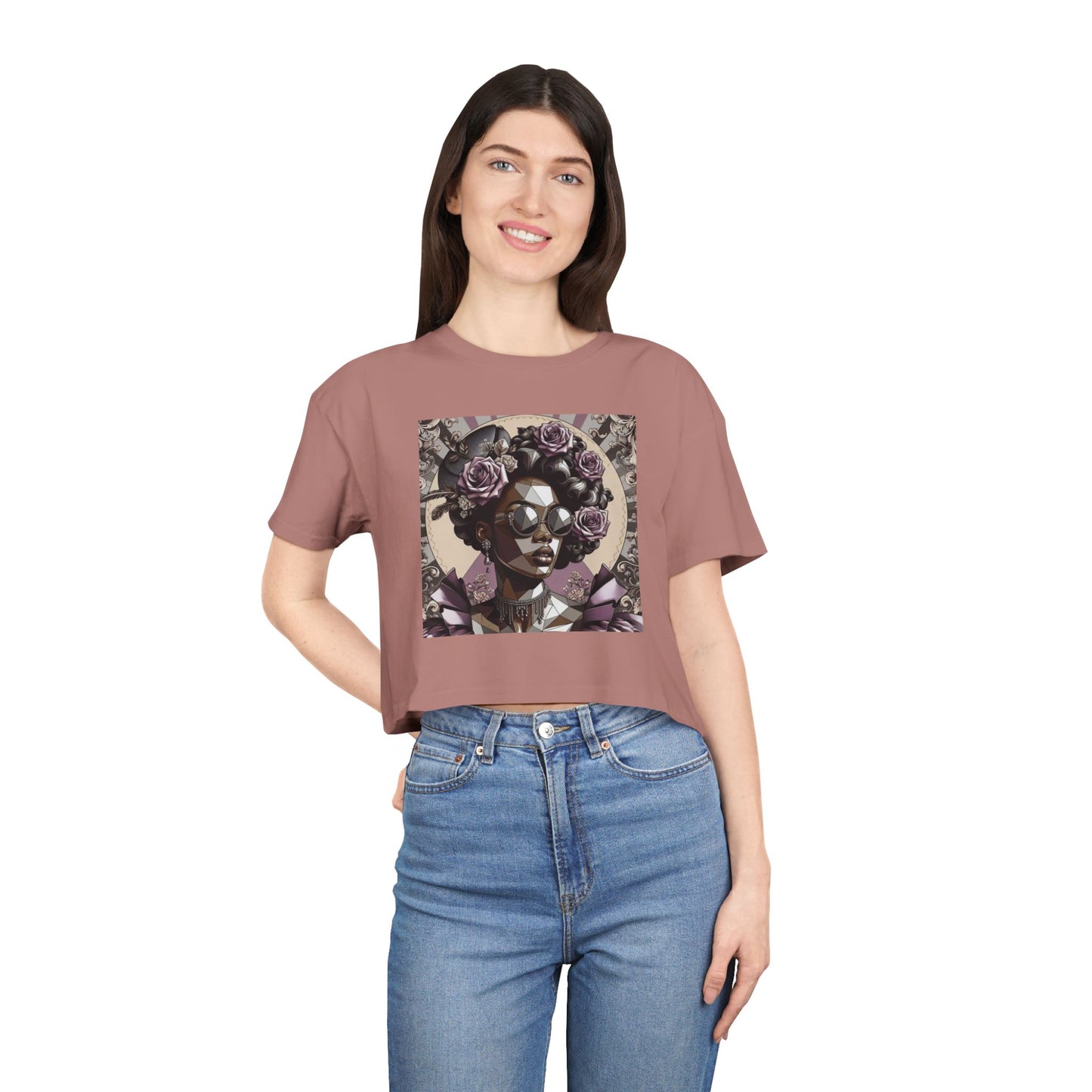 Poly Art Chic Women's Crop Tee - Floral Art Inspired Shirt, Casual Summer Wear, Festival Top, Vintage Style - Lilac Baroque Lady