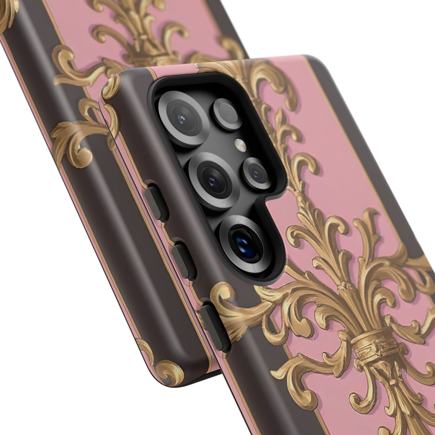 Elegant Floral Motif Phone Case - Tough Cases with Vintage Design - Pink & Brown Striped Gold Damask
