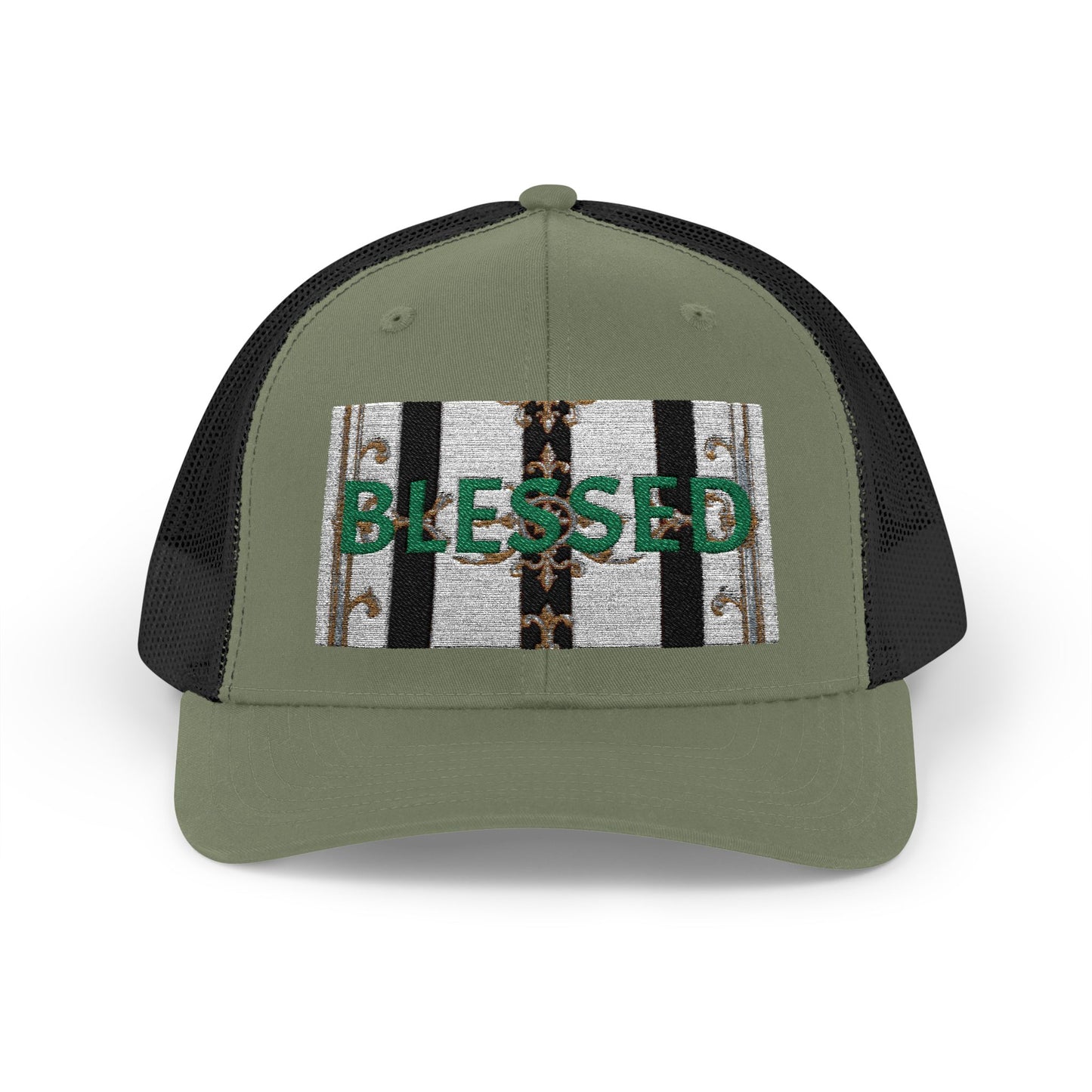 Blessed Snapback Trucker Cap | Casual Style, Outdoor Gear, Faith-Based Gift, Adjustable Hat, Everyday Fashion - Black & White Striped Gold Baroque