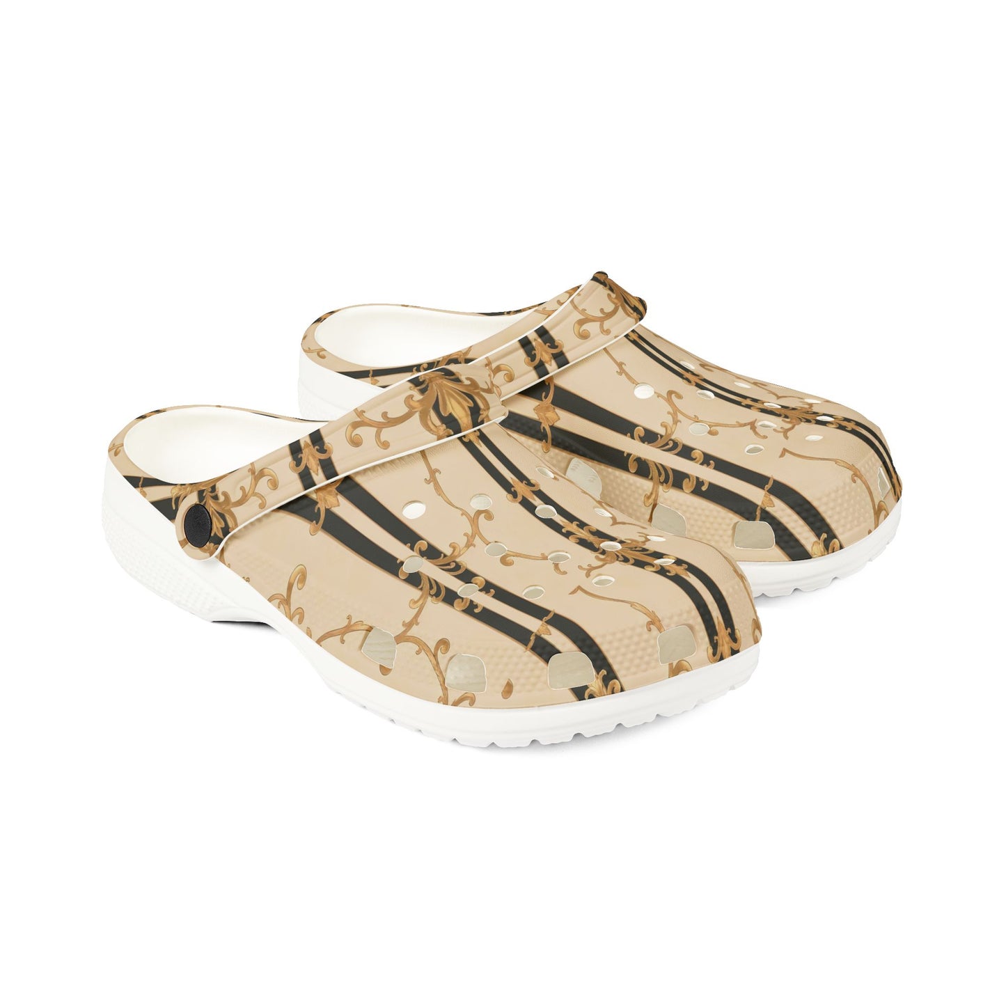 Stylish EVA Foam Clogs - Trendy Comfort for Home & Garden, Fashionable Slides, Casual Footwear - Black & Beige Striped Damask