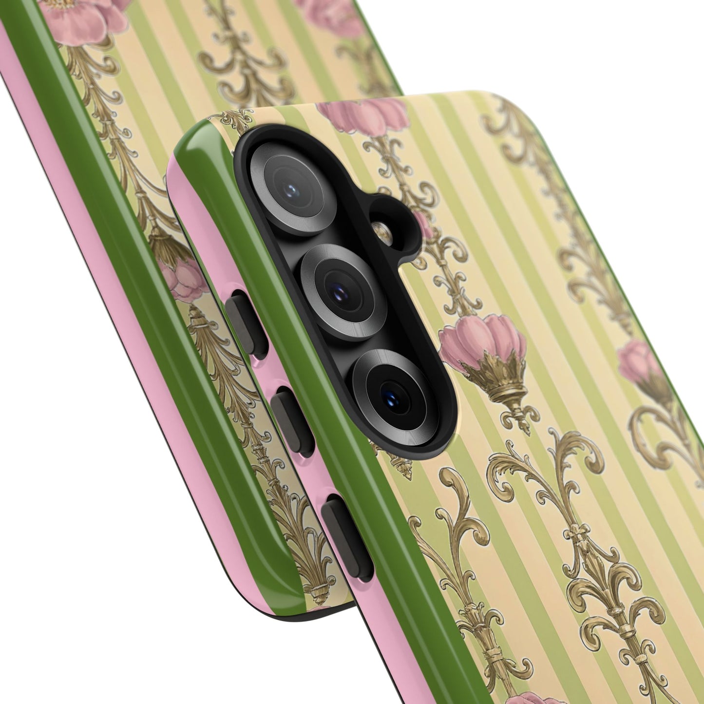 Elegant Floral Motif Phone Case - Tough Cases with Vintage Design - Lime Green & Pink Striped Damask