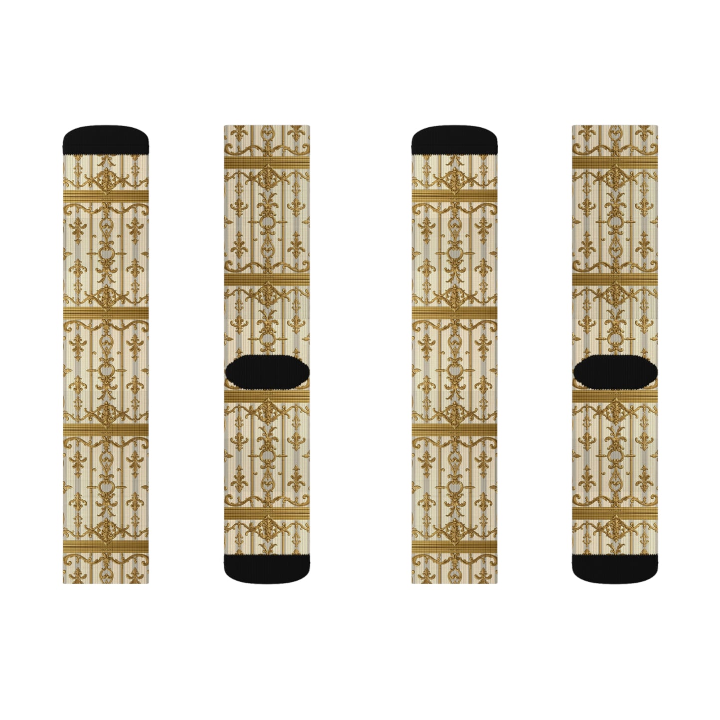 Stylish Sublimation Socks with Elegant Pattern, Unique Gift for Fashion Lovers, Cozy Fashion Statement - Matte Gray & Cream Striped Gold Baroque