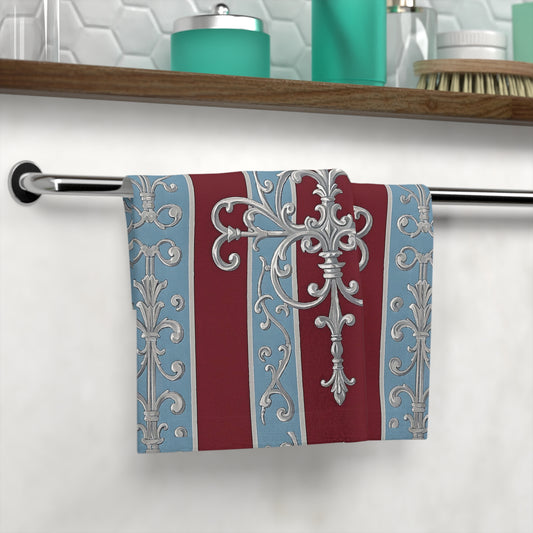 Elegant Decorative Face Towel with Ornate Design - Ice Blue & Burgundy Striped Baroque