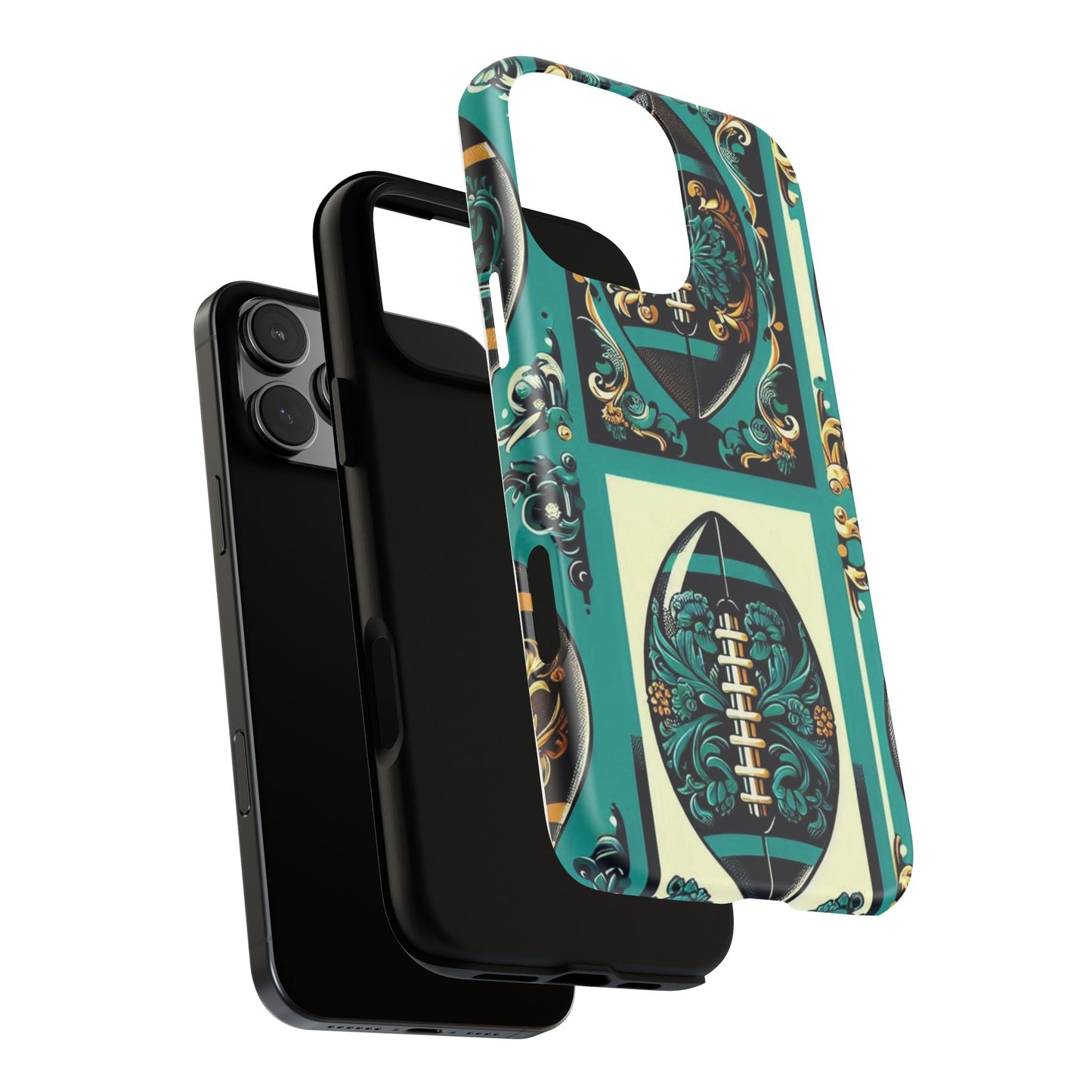 Elegant Floral Motif Phone Case - Tough Cases with Vintage Design -  Damask Teal, Gold & Black Footballs