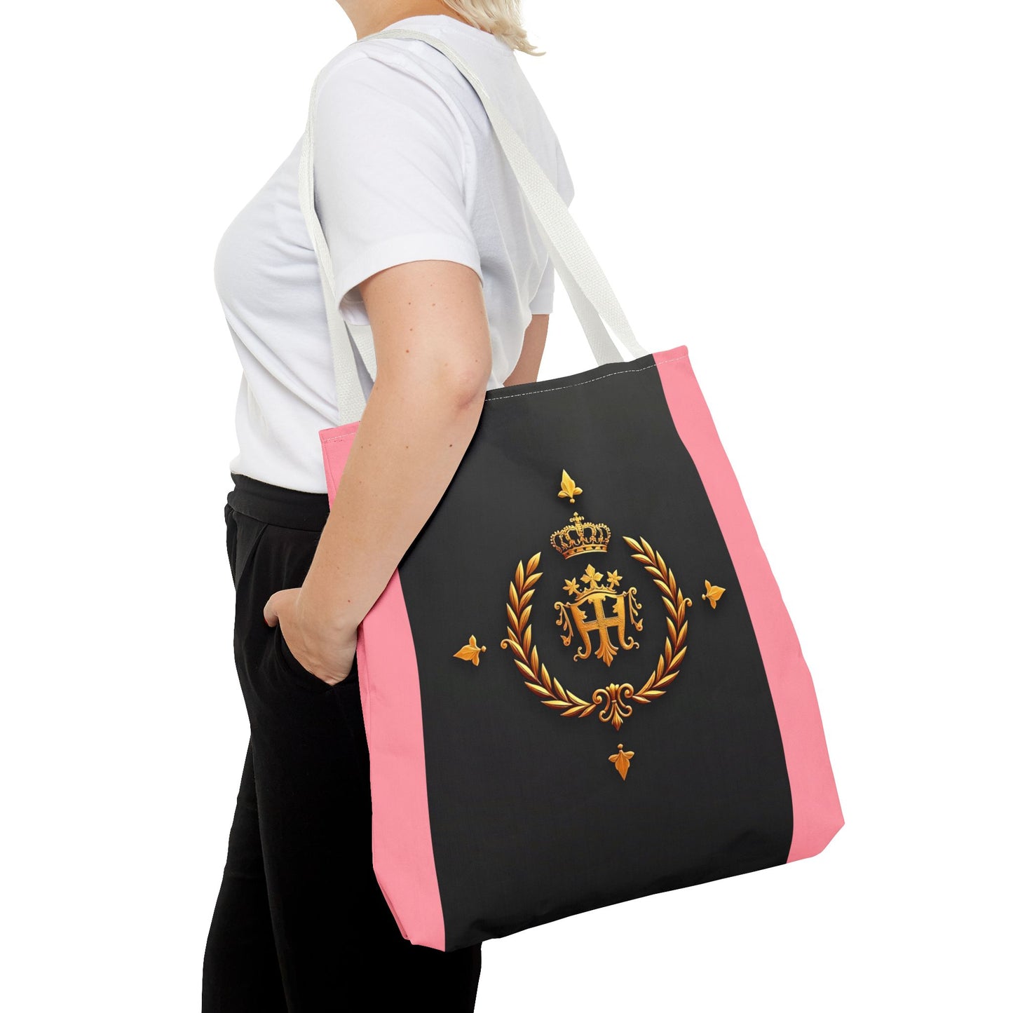 Elegant Monogrammed Tote Bag - Chic Shopper, Eco-Friendly Carryall, Personalized Gift, Stylish Accessory - Pink Striped Gold Crest